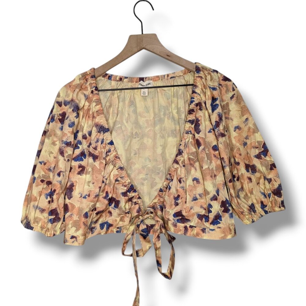 New Open Edit Cropped Wrap Puff Sleeve Wrap Top Multicolor Poplin L Nordstrom - Picture 4 of 6